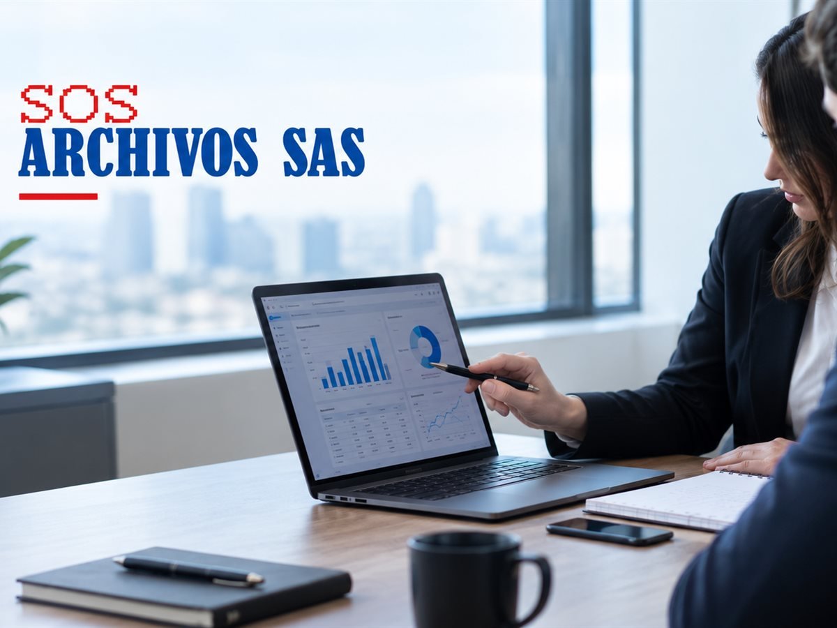 Dos profesionales revisan un tablero de indicadores en un portátil durante una consultoría, con el logo de SOS Archivos SAS